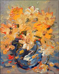 Mums in the Blue Vase by David Arathoon